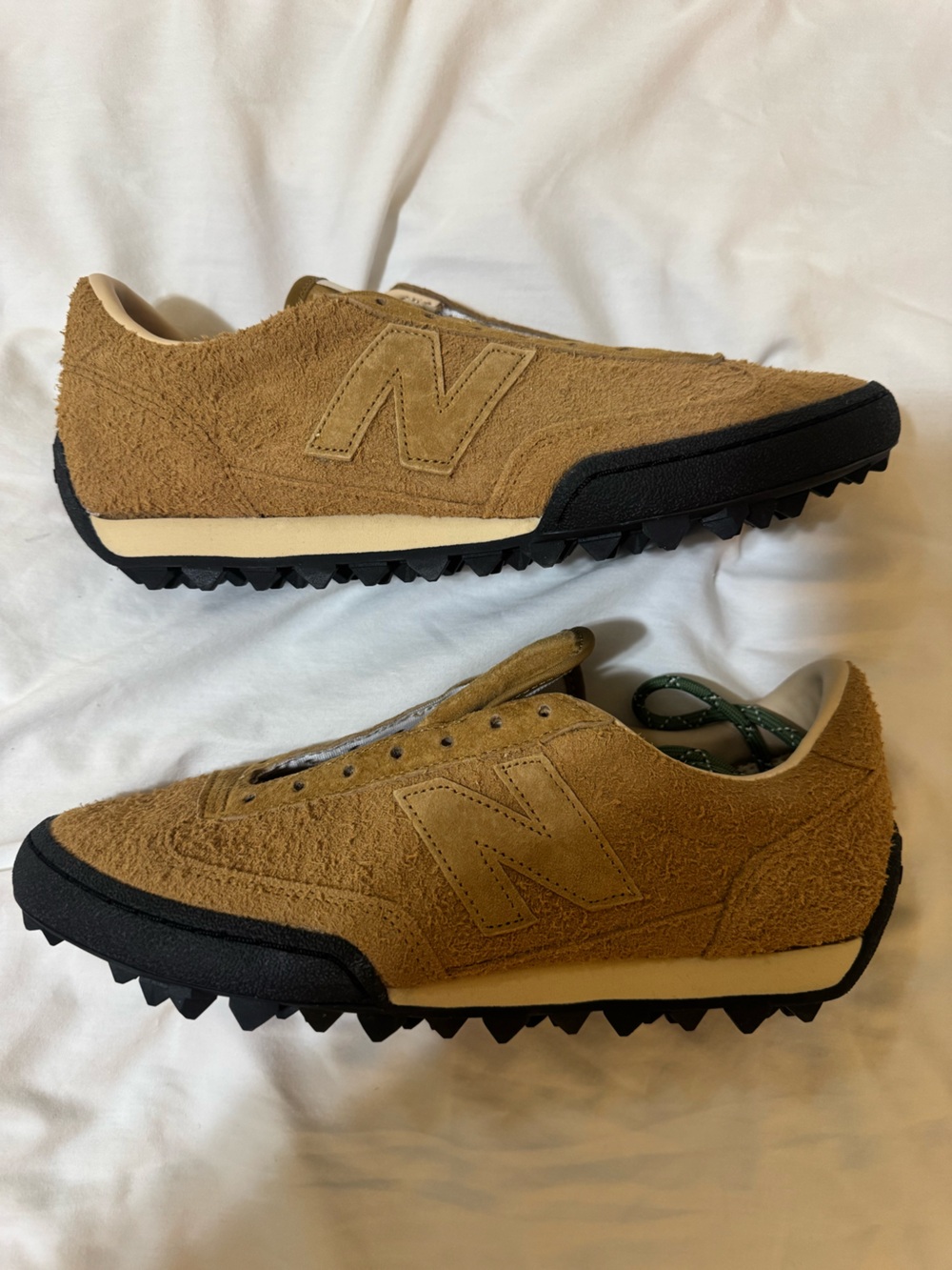 New Balance Gator Run Tan Suede Sneakers with Red & Olive Laces